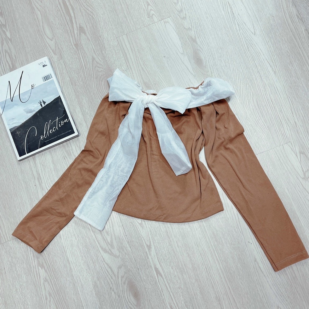 Áo kiểu bẹt vai viền voan nơ ngực tay dài cực hot , chất thun bozip dày dặn mềm mát