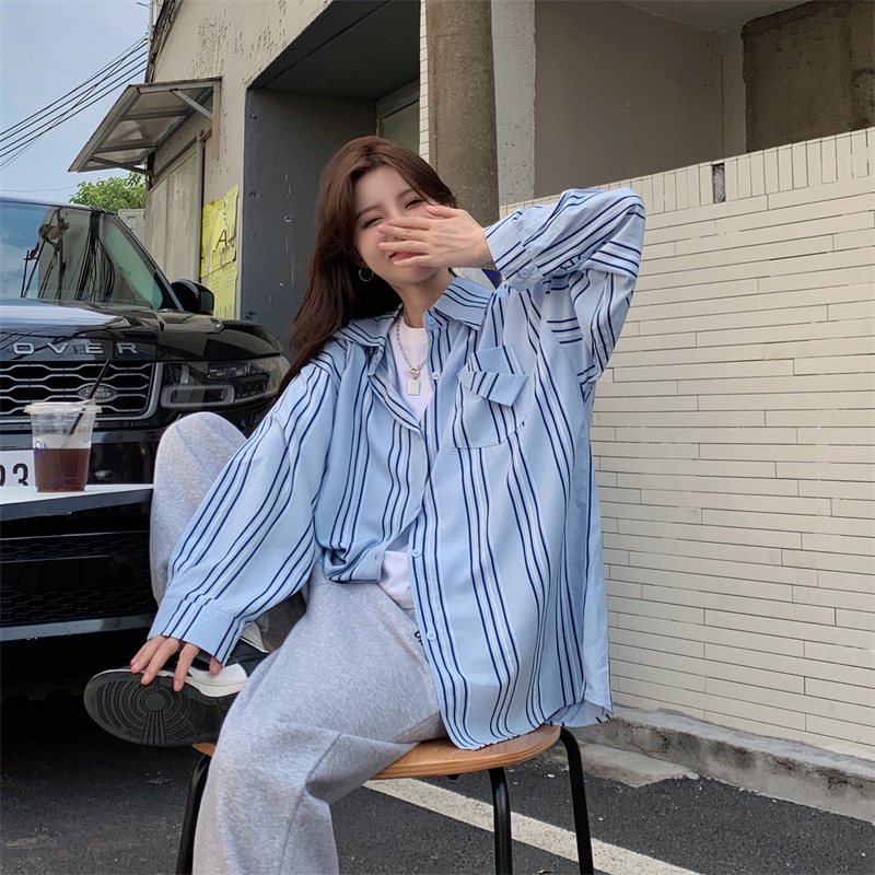 Áo sơ mi SUXI tay dài quá cỡ họa tiết kẻ sọc phong cách Hàn Quốc thời trang đơn giản dành cho nữ