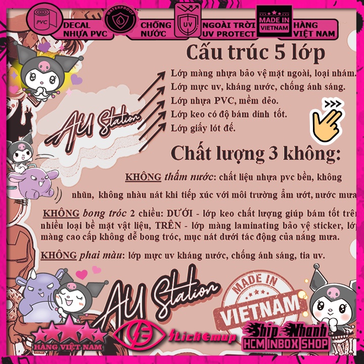 Sticker Hình dán chủ đề Kuromi - Hàng VN, chất liệu decal nhựa pvc, không thấm nước, dán xe, nón bh, vali