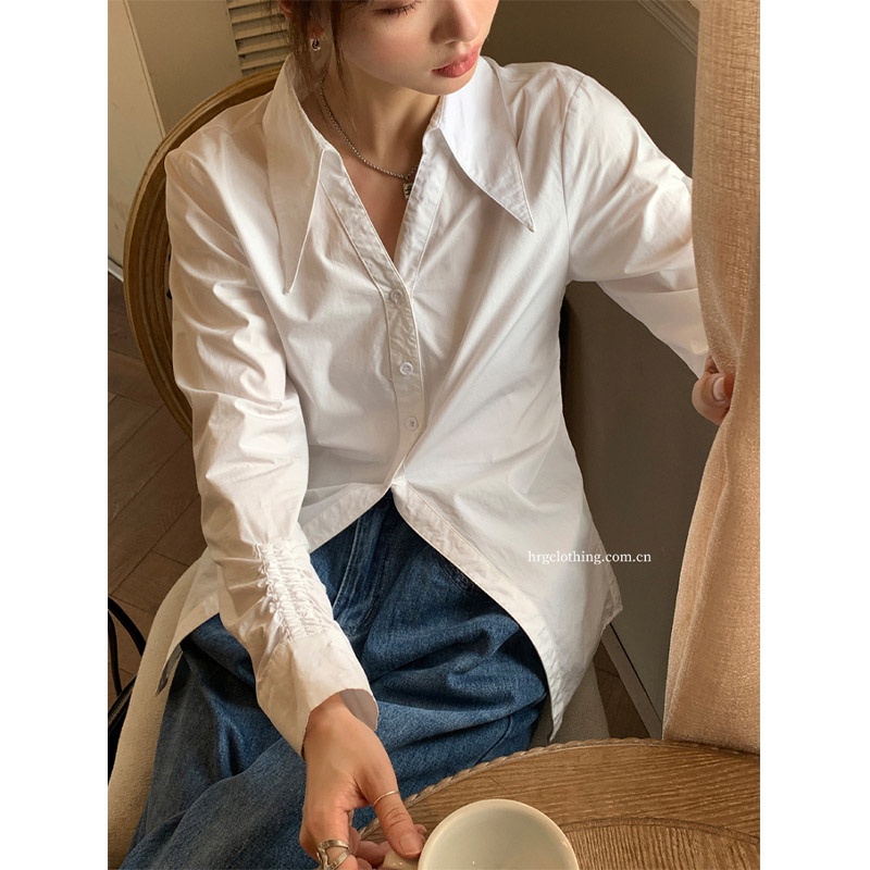 Áo Sơ Mi Nữ Tay Dài Màu Trơn Dáng Rộng Phong Cách Retro Thời Trang