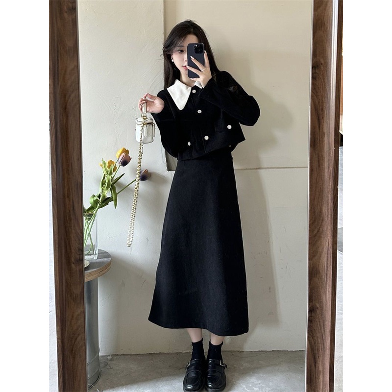 Bộ Áo Khoác Tay Dài Cổ Búp Bê + Chân Váy Dài Thời Trang Thu Đông Cho Nữ