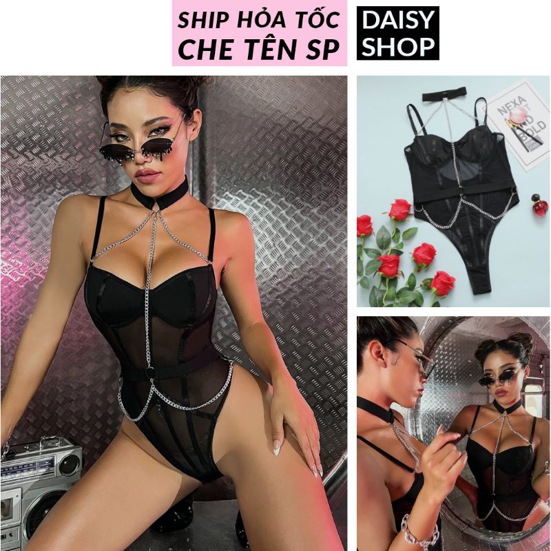 Bodysuit lưới phối dây xích mới lạ gợi cảm - váy ngủ 2 dây co dãn có gọng không mút