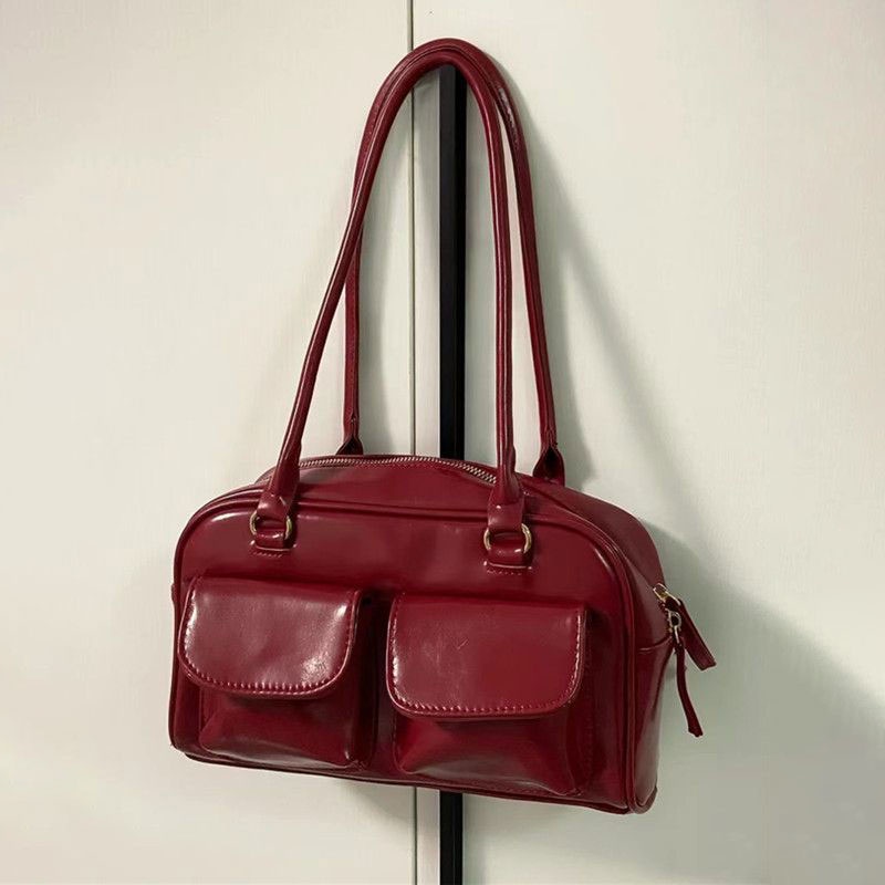 AlphaZ Túi Da PU Đeo Vai Màu Đỏ Bóng Sức Chứa Lớn Sang Trọng Cổ Điển Cho Nữ