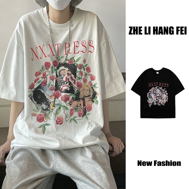 Áo thun ZHELIHANGFEI ngắn tay dáng rộng in họa tiết cá tính xinh xắn dành cho cặp đôi