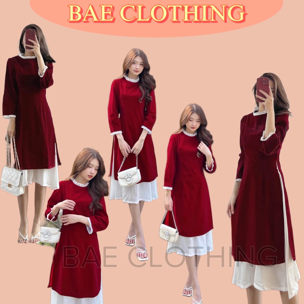 SET ÁO DÀI CÁCH TÂN NHUNG ĐỎ 004 chất vải nhung dày dặn cách điệu trẻ trung màu đỏ đô tôn dáng diện ngày lễ tết