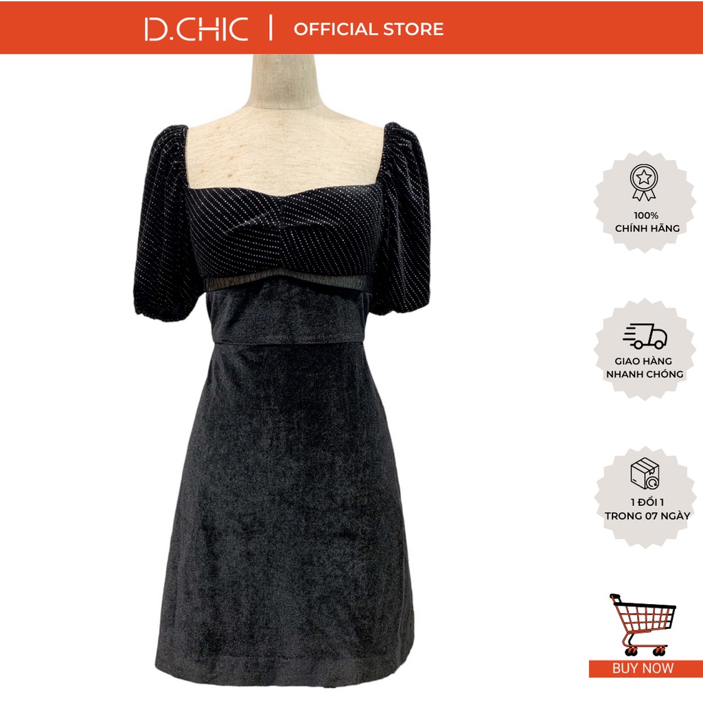 Váy nhung chun vai eo phối ren D.CHIC MS: 282323