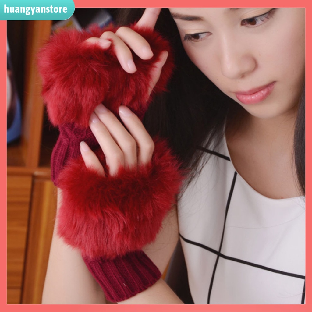 HY| 1 Đôi Găng Tay Dệt Kim Hở Ngón Giữ Ấm Mùa Đông Cho Nữ