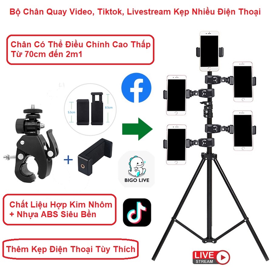 Cây Livestream, Chân đỡ điện thoại cho chụp ảnh, quay phim tăng giảm chiều cao từ 70cm đến 2m1, tặng kèm kẹp điện thoại
