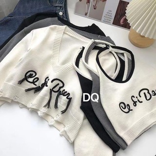 Set áo tay dài cổ yếm + áo len thiêu chữ thời trang