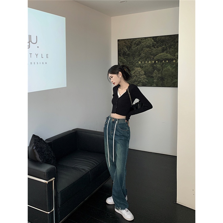 Áo croptop SUXI dệt kim tay dài cổ chữ V dáng ôm phong cách Hàn Quốc cho nữ