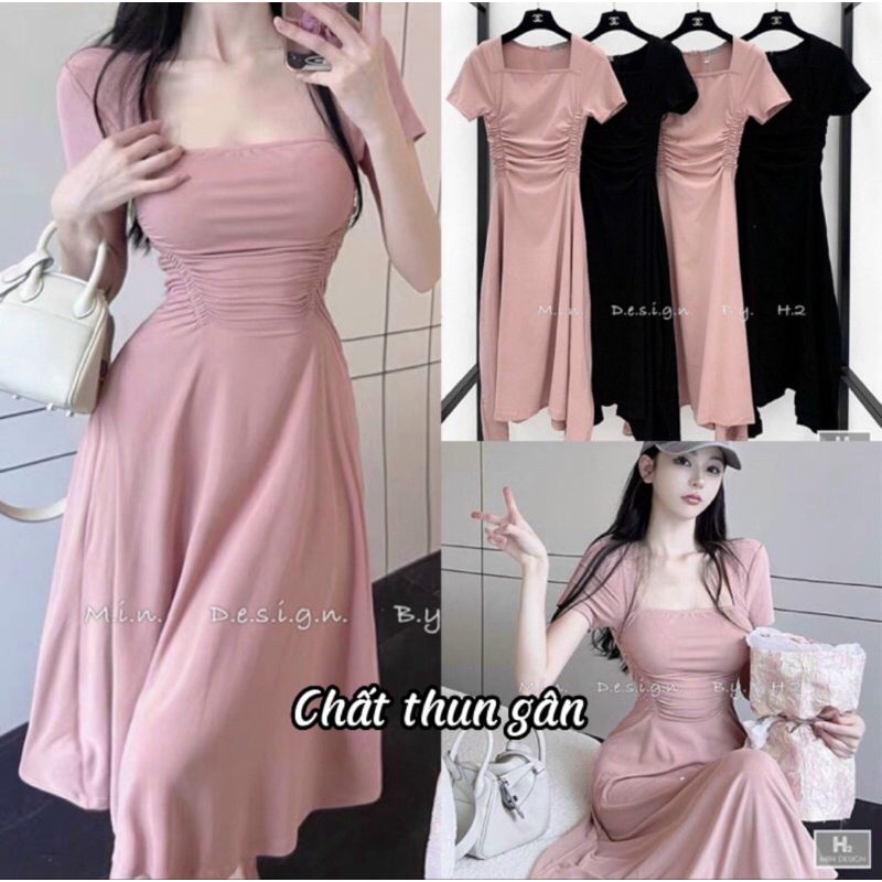 Đầm xoè tay ngắn cổ vuông hồng đen