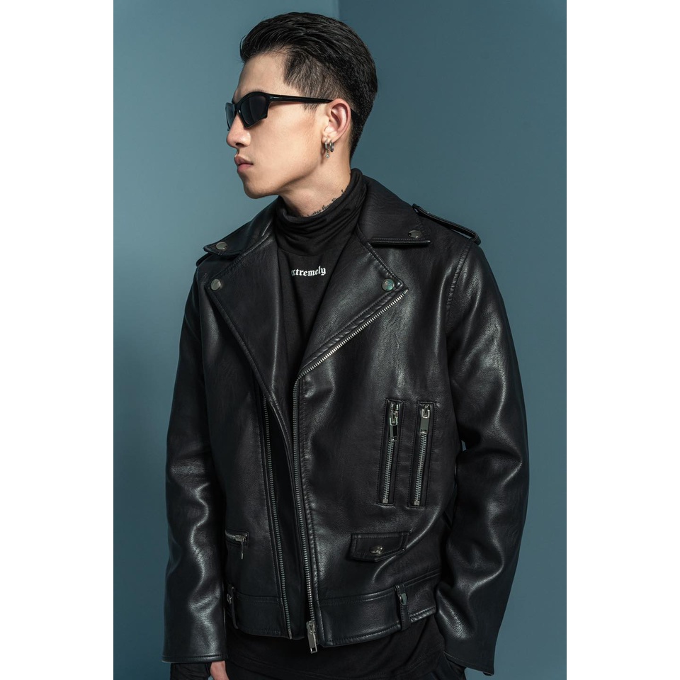Áo Da Biker logo Amand Màu Đen AK017