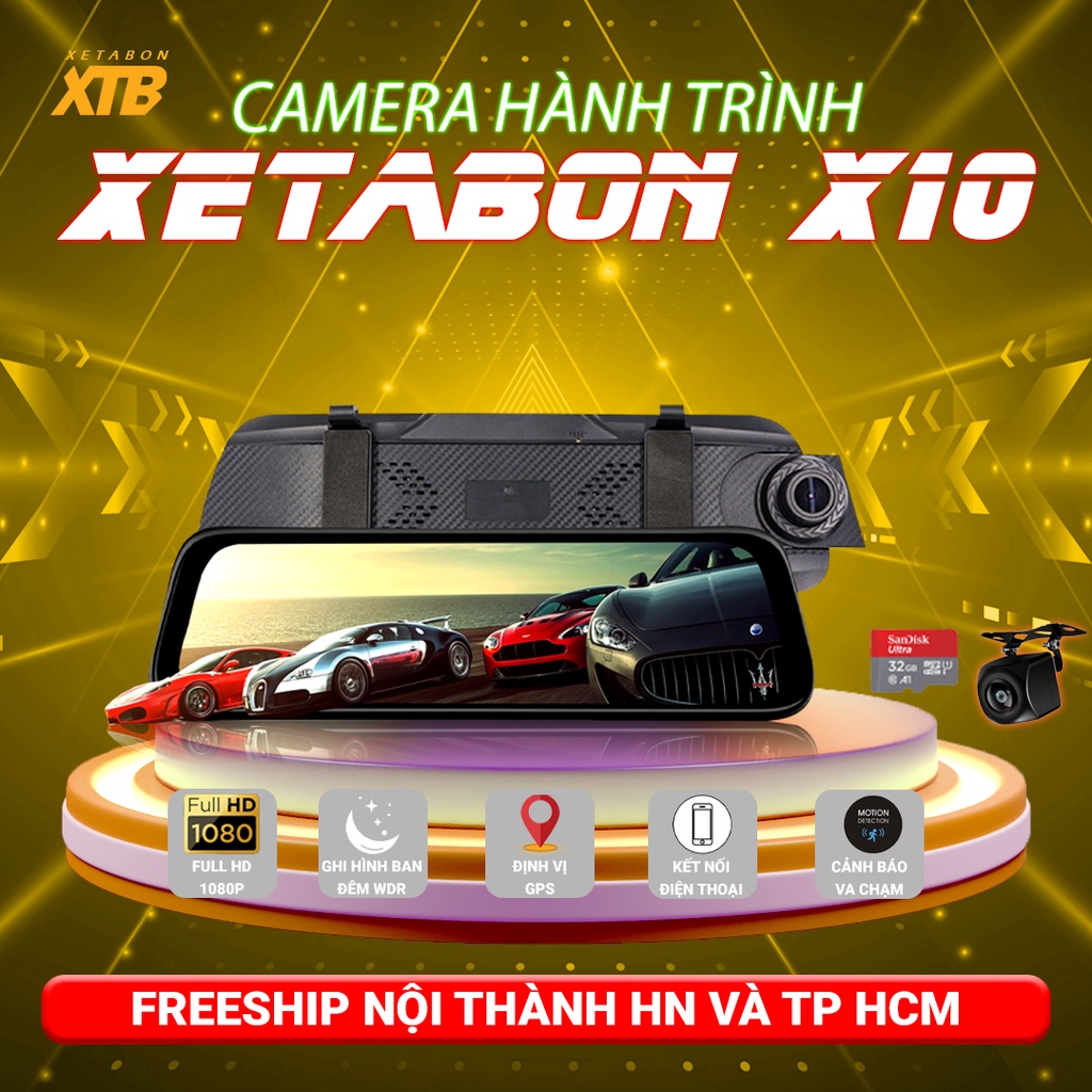 Camera hành trình ô tô X10 gương màn lớn trước sau full HD kết nối điện thoại hỗ trợ quay đêm, bảo hành 12 tháng