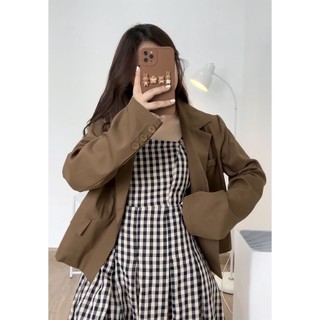 Set Đầm Nâu 2 Dây Caro + Áo Blazer Nâu Trơn - Leda
