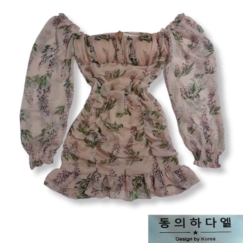 Đầm hoa nhún cổ vuông, Váy hoa nhún tay dài sành điệu, trẻ trung, sang chảnh, tay phồng làm từ lụa tơ Nhật cao cấp