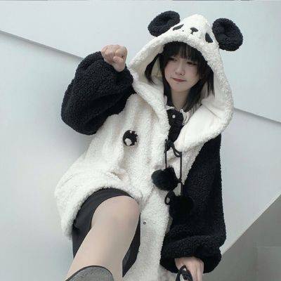 Áo khoác lông cừu phong cách đại học gấu trúc dễ thương Nhật Bản mẫu mới mùa thu đông