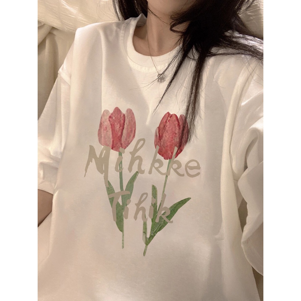 Áo Thun Tay Ngắn Dáng Rộng In Hình Hoa tulip Phong Cách Hàn Quốc