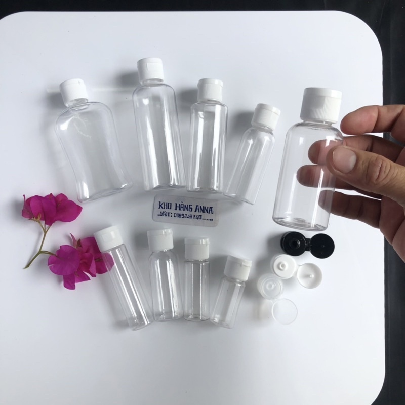SET 10 CHAI NHỰA TRONG chiêt Mĩ Phẩm NẮP BẬT TRẮNG / ĐEN - Chai Pet đựng nước ,đựng dầu gội 500ml / 200ml / 100ml / 50ml