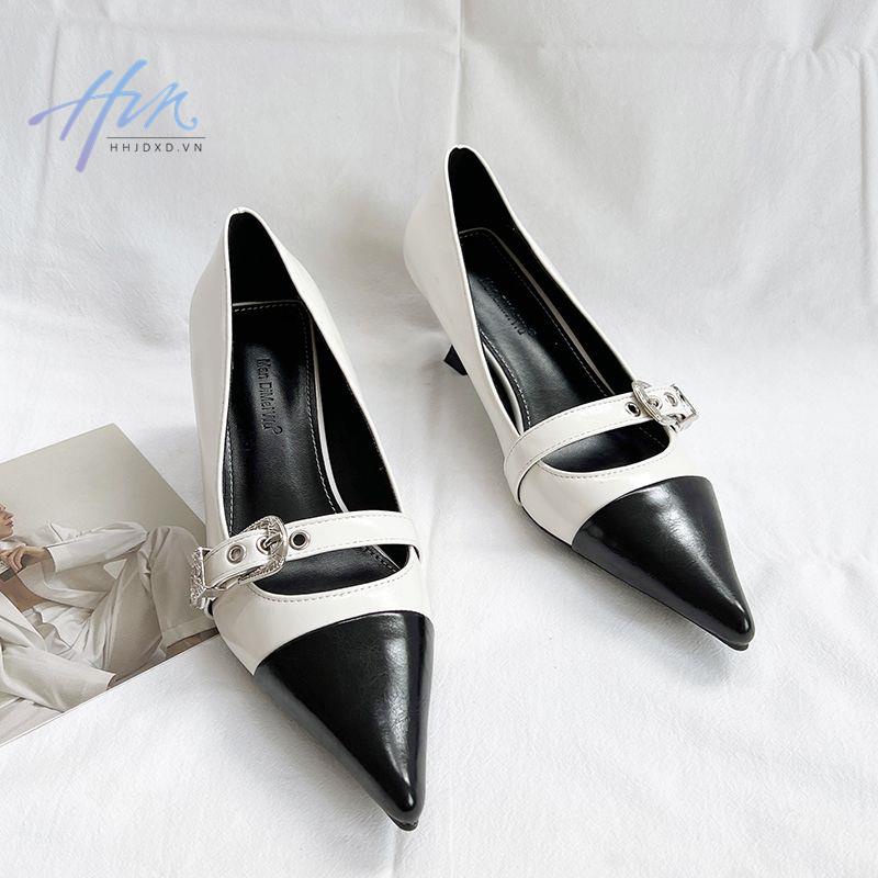 Giày Cao Gót Mary Jane Mũi Nhọn Phối Khóa Cài Màu Sắc Retro Thời Trang Mùa Thu 2022 Dành Cho Nữ