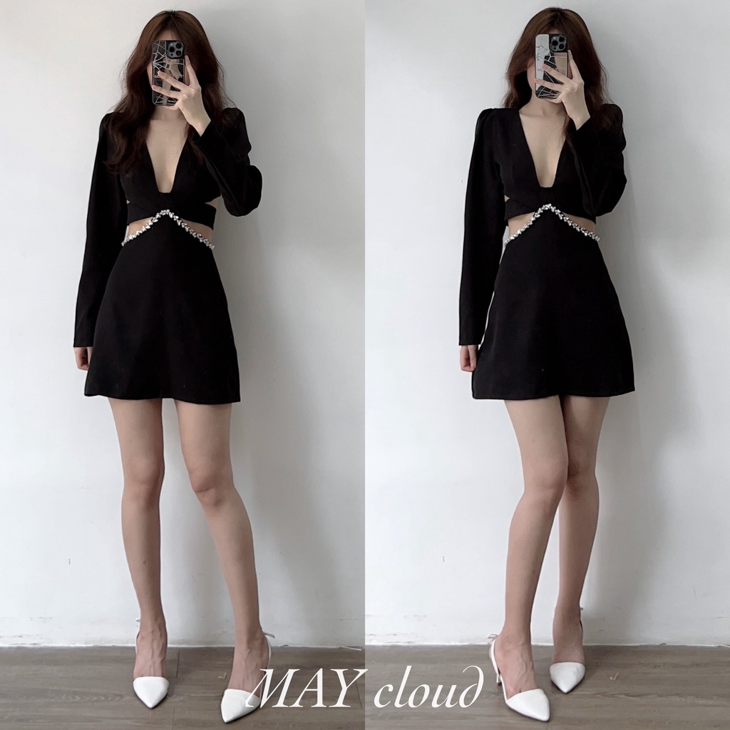 Đầm tay dài hở eo đen