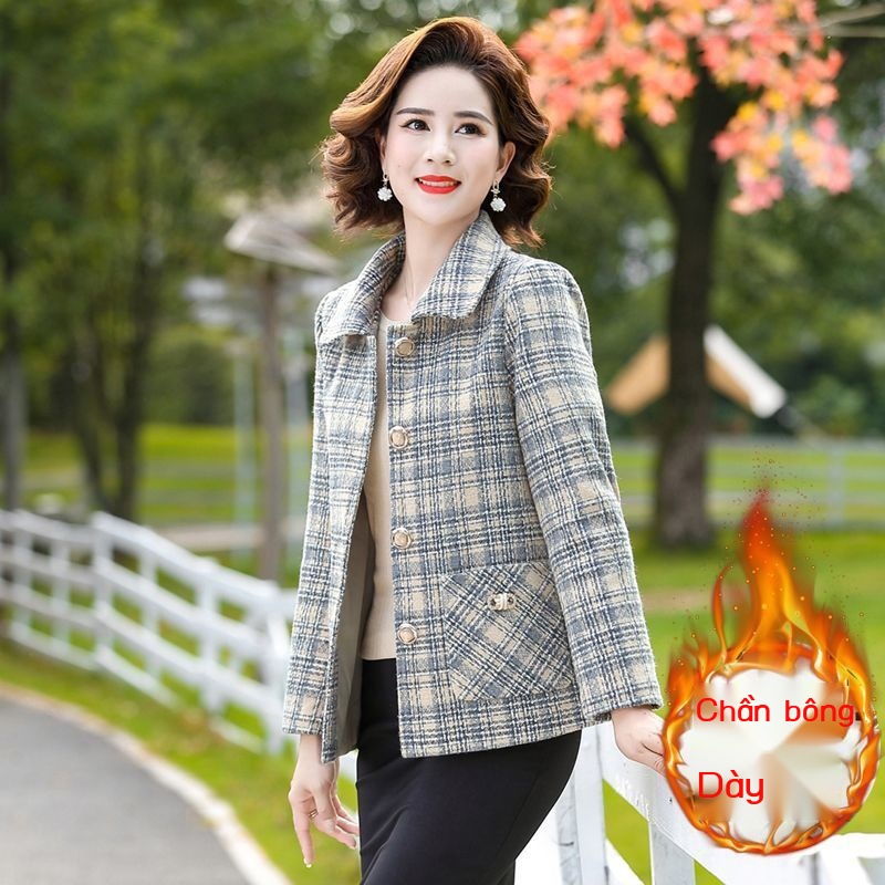 Mẹ 50 tuổi áo khoác ngắn mùa xuân và mùa thu cho phụ nữ trung niên và cao tuổi áo khoác chần bông len dày