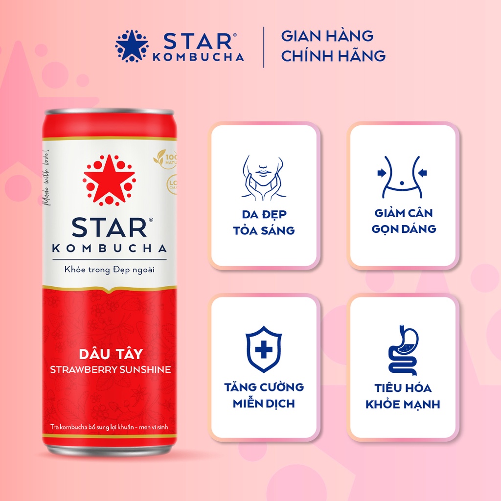 Thùng 12 lon trà STAR KOMBUCHA Dâu Tây / Strawberry Sunshine (250ml/lon) - Trà Kombucha lên men vi sinh chứa probiotics