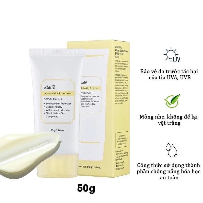 Kem Chống Nắng Dưỡng Ẩm, Mỏng Nhẹ Dear Klairs All day Airy Sunscreen Mẫu Mới