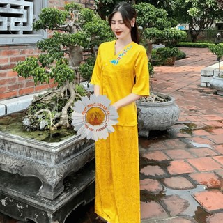 Bộ Bà Ba đi chùa cách tân lụa gấm thêu hoa Pháp Phục Khánh An