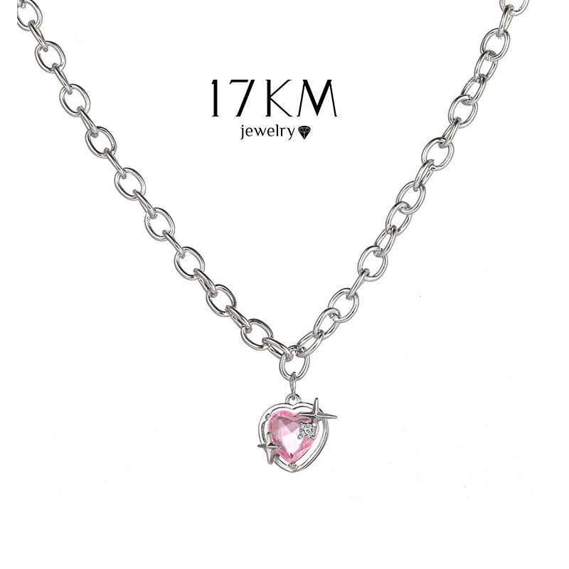 Dây chuyền 17KM mạ bạc mặt trái tim đính đá pha lê hồng thời trang ngọt ngào đơn giản dành cho nữ