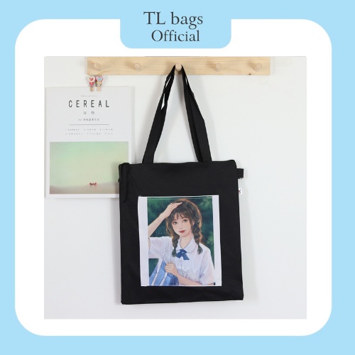 Túi tote, túi vải đeo vai, đi học đi chơi tiện lợi, màu đen dáng vuông, khóa kéo ngăn chính, in hình bên ngoài cute | BigBuy360 - bigbuy360.vn