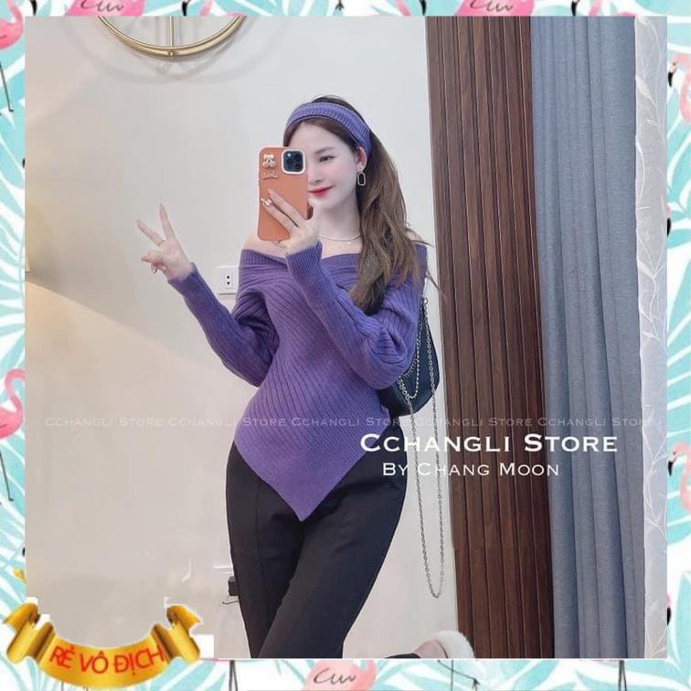 Áo len trễ vai vạt chéo kèm cổ chocker/turban 4 màu hàng quảng châu siêu xinh hothit