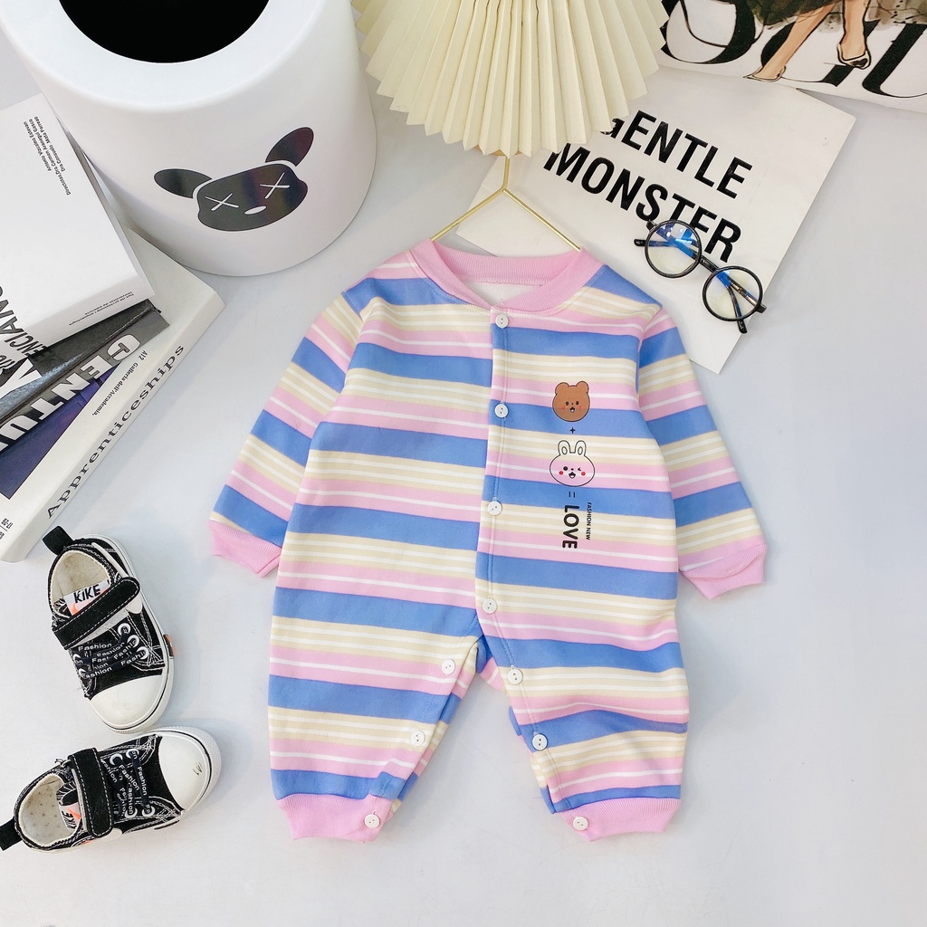 Body nỉ lông bộ liên thân nỉ bông kẻ ngang cúc giữa cho bé