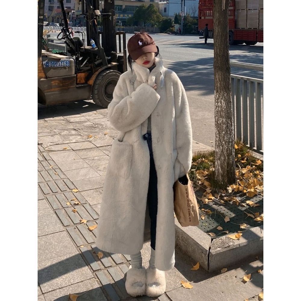 [Giao Ngay] Áo Khoác Len Lông Cừu Giả Dáng Rộng Cổ Đứng Phong Cách Hàn Quốc Thời Trang Thu Đông Cho Nữ