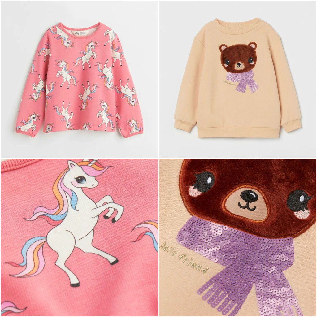 Áo nỉ da cá unicorn hồng nỉ bông nâu gấu HM H&M_hàng chính hãng authentic