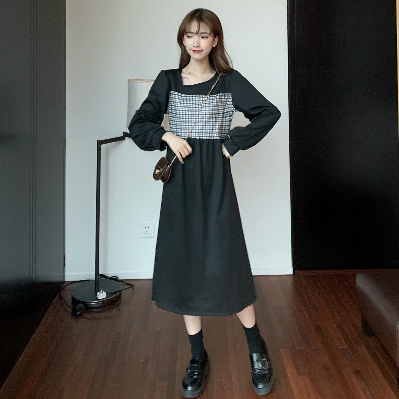 Đầm Dài Tay Họa Tiết Ca Rô Phong Cách Cổ Điển Thanh Lịch Dành Cho Nữ