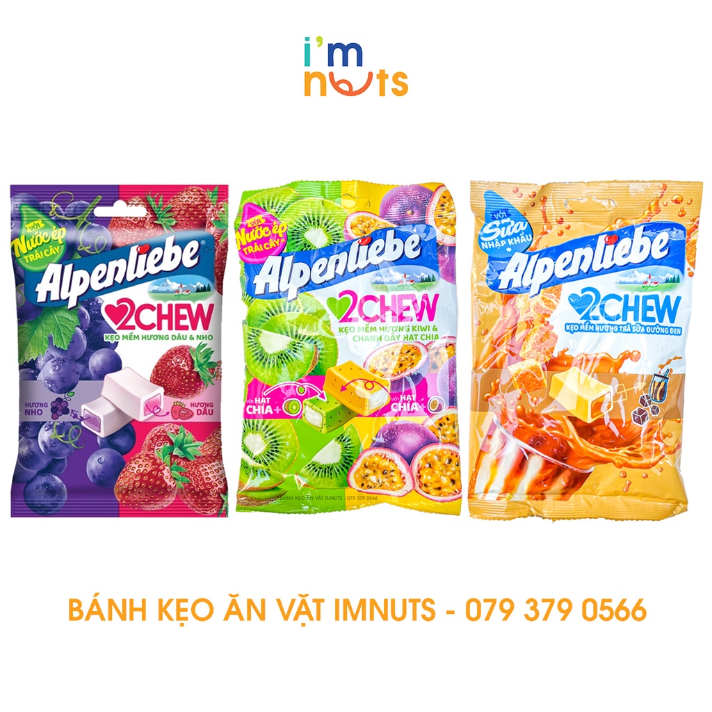 Kẹo mềm Alpenliebe 2Chew đủ vị gói nhỏ tiện lợi - Hương Dâu, Nho, Chanh dây Kiwi hạt chia, Trà sữa đường đen