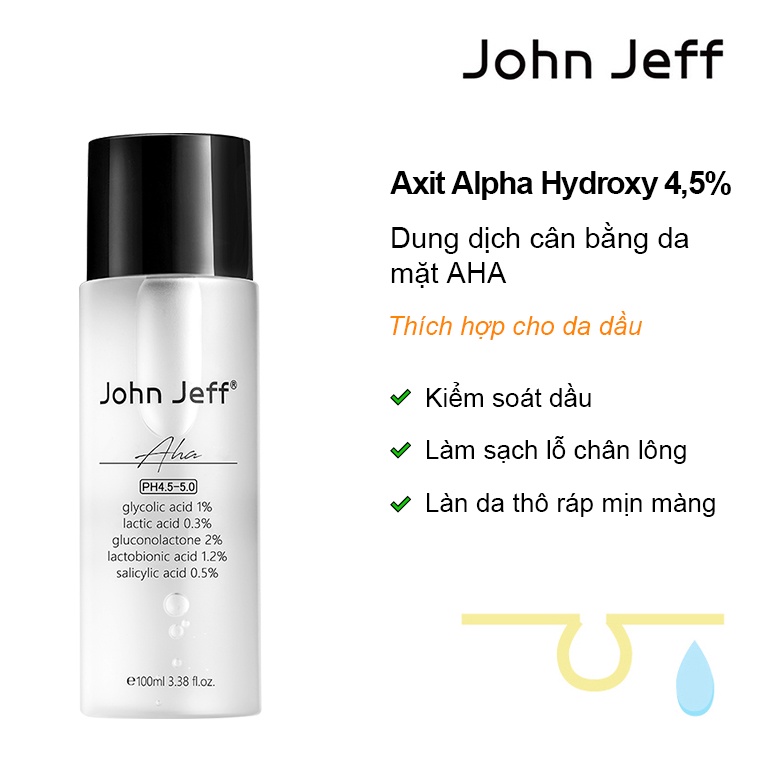 John Jeff AHA 4.5% toner lotion 100ml salicylic acid sảng khoái kiểm soát dầu phù hợp với da dầu mụn