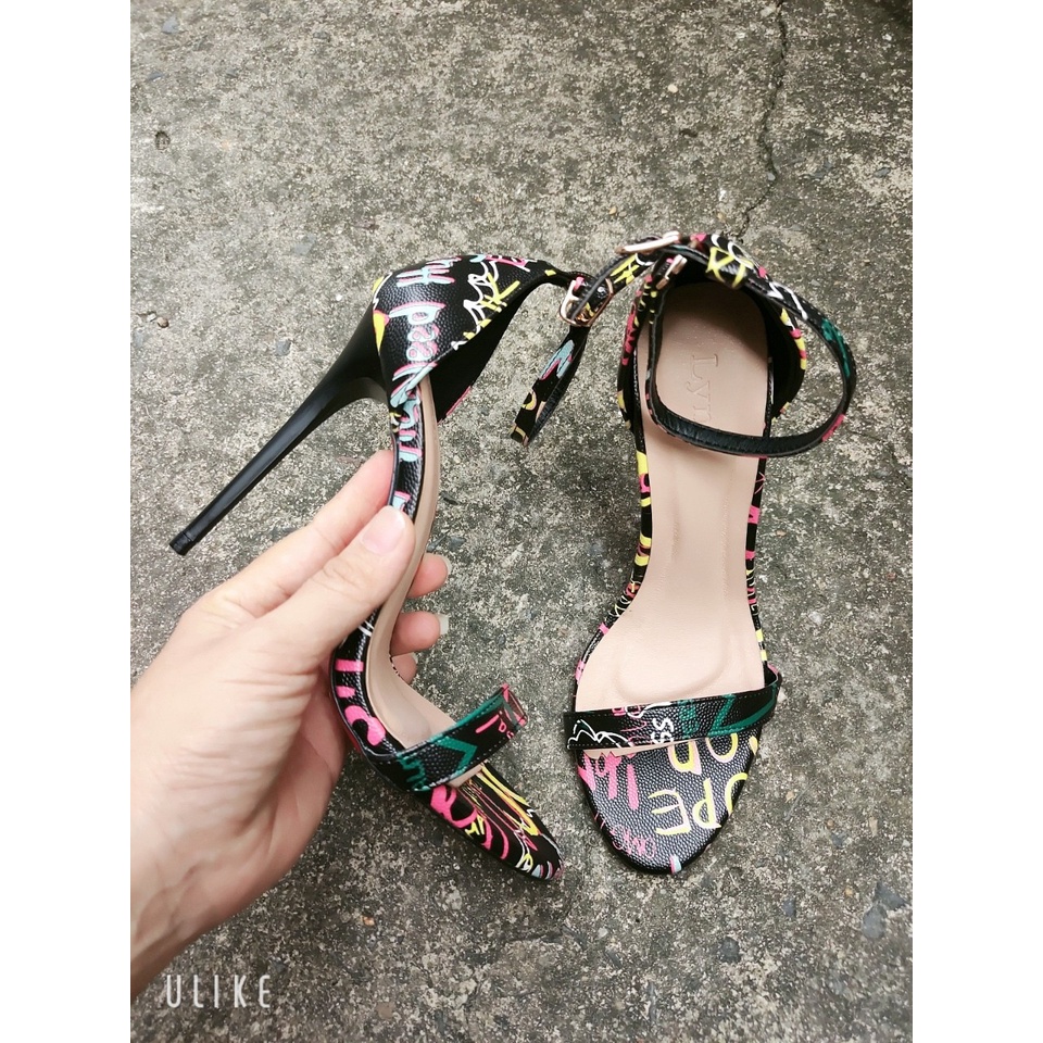 Sandal cao gót họa tiết đen 11cm