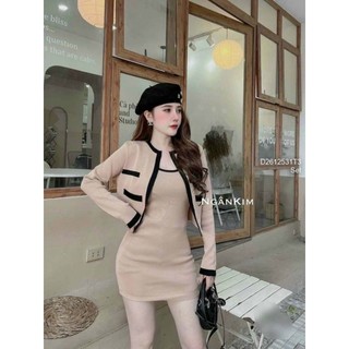Set áo khoác tay dài phối viềni đầm body hàng QC!