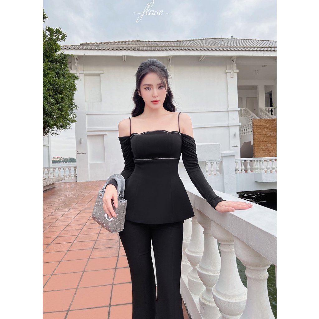 Áo pedlum đen tay phối cotton - Quần đen cạp cao xẻ gấu - Thiết kế Flane