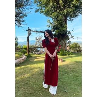VELLE DESIGN - Áo dài tết Ruby chất nhung mịn dày dặn kèm quần lụa - quần dài 109cm