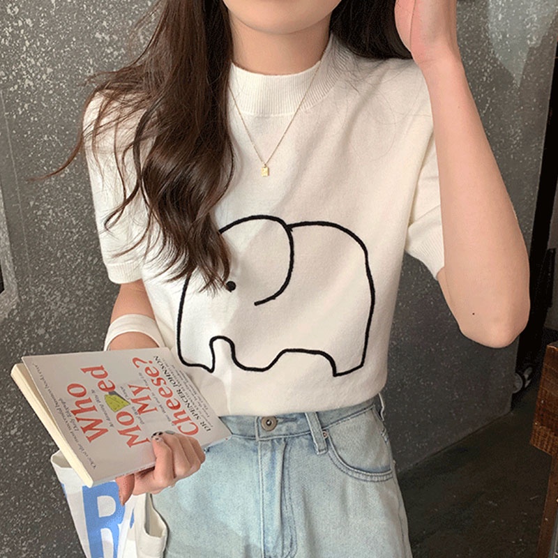 Áo Dệt Kim Tay Ngắn Dáng Ôm Thêu Họa Tiết Chú Voi Hoạt Hình Phong Cách Hàn Quốc Thời Trang Cho Nữ