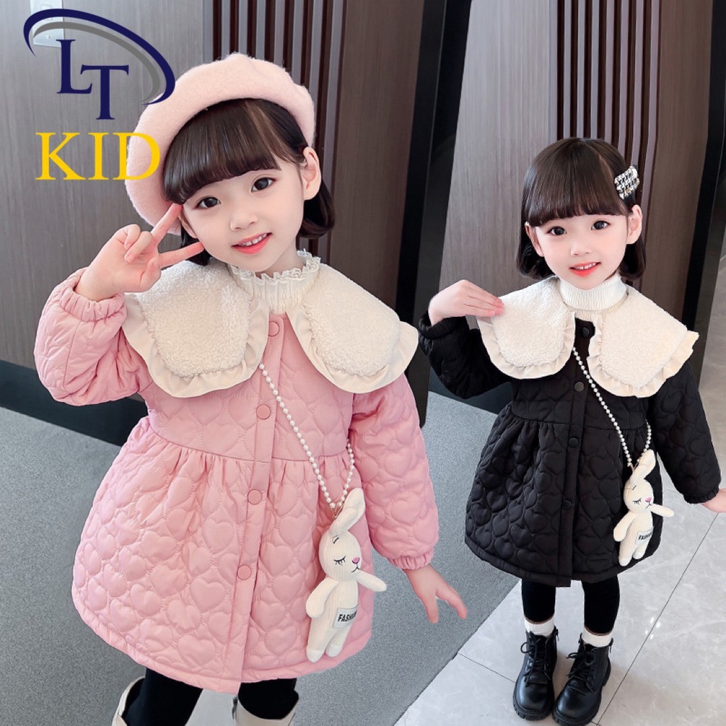 áo khoác cổ lông kèm dây đeo thỏ xinh xắn, áo khoác bé gái 10-23kg
