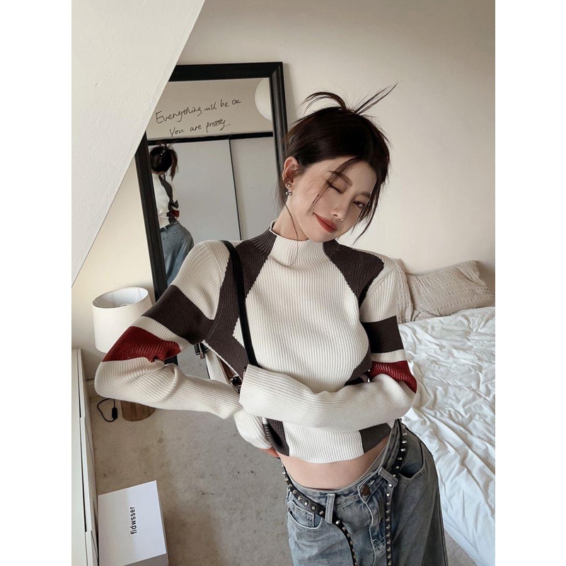 Áo Len Lửng Tay Dài Cổ Cao Màu Sắc Retro Phong Cách Âu Mỹ Dành Cho Nữ