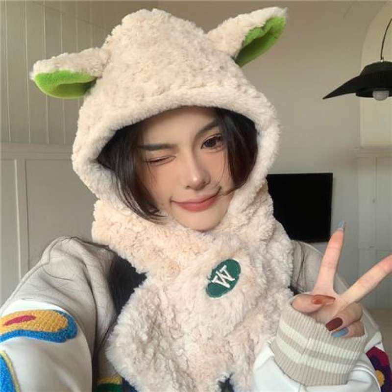 Mũ Len Trùm Tai Kèm Khăn Choàng Cổ Giữ Ấm Mùa Đông Thiết Kế Tai Cừu Dễ Thương Dành Cho Nữ