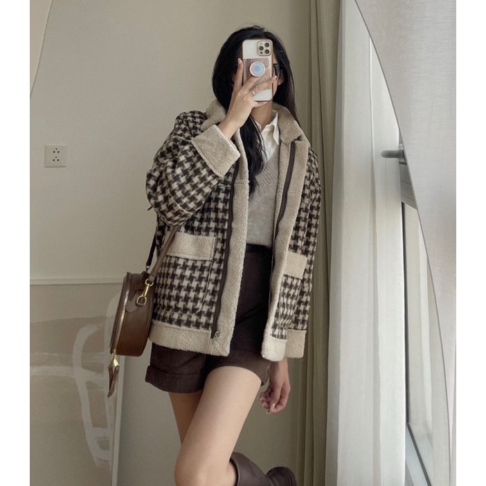Áo khoác dạ hoạ tiết caro lót lông cừu kẻ nâu phong cách Hàn Quốc hàng quảng châu