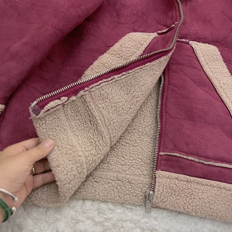 Ảnh thật/hàng sẵn/ áo khoác da lộn lót lông cừu siêu dày phom lửng dáng rộng free sz mẫu 2022