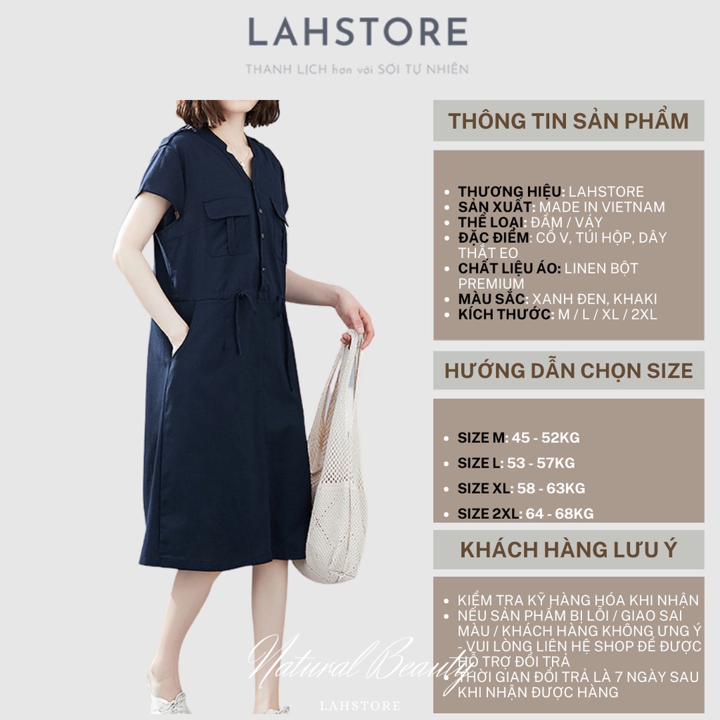 Đầm linen cộc tay dáng suông LAHSTORE thiết kế cổ V phối túi hộp dây thắt eo (Xanh Than)