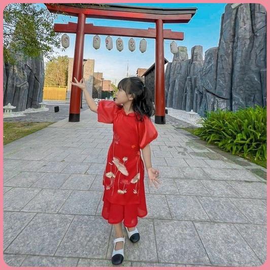 Sét áo dài cách tân cho bé gái thêu hoa sen cho trẻ em ful size 2-9 tuổi