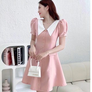 Đầm thiết kế cổ phối trắng cúc dọc thanh lịch